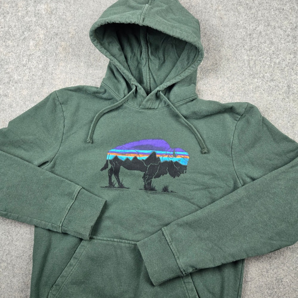 Patagonia Uprisal Hoody Hoodie Mens Small Green Bison Mountain Graphic Fleece